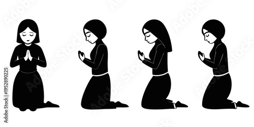 Praying woman silhouette sequence, spiritual worship poses from standing to kneeling and seated prayer, religious faith devotion black vector illustration
