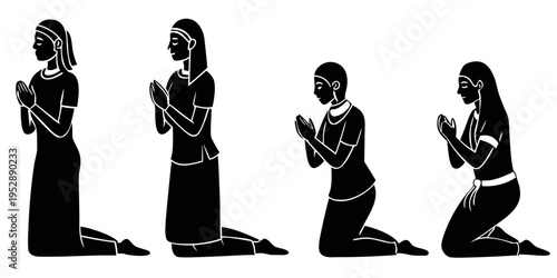 Praying woman silhouette sequence, spiritual worship poses from standing to kneeling and seated prayer, religious faith devotion black vector illustration