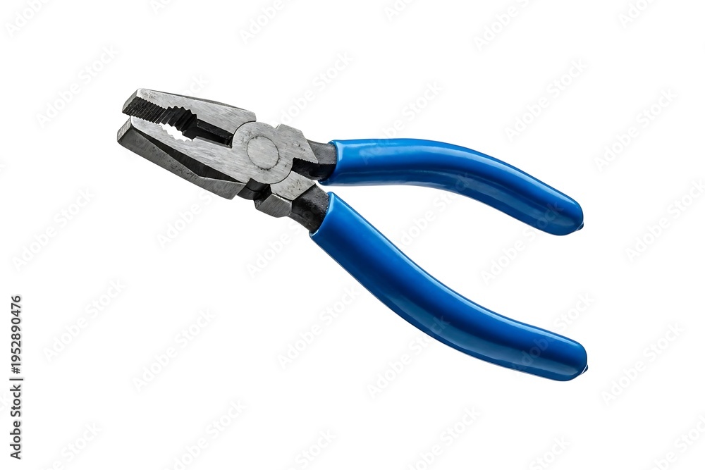 Fototapeta premium Professional steel combination pliers with blue rubber grip handles isolated on white background for home improvement and maintenance