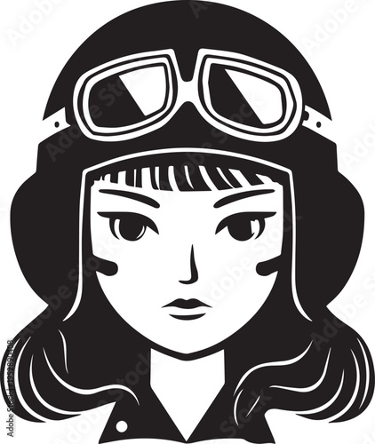 Hand Drawn Female Pilot Black and White Avatar Illustration in Minimal Line Art Style Design