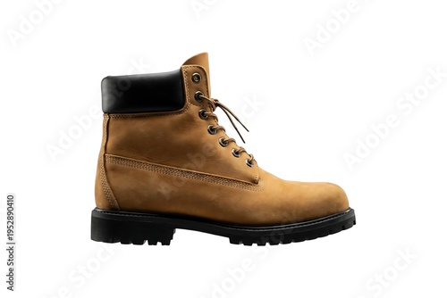 Classic tan nubuck work boot with black padded collar and thick rubber sole isolated on white background side view