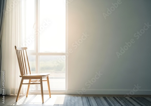 Minimalist interior design, a wooden chair near a window, bathed in sunlight