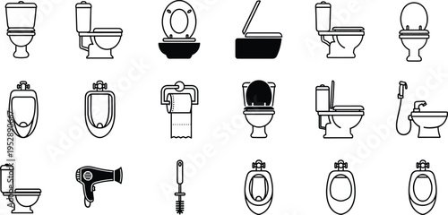 Black silhouette bathroom fixture icons set including toilets, urinals, bidet, toilet paper holder, hairdryer, brush, sprayer for signage and design