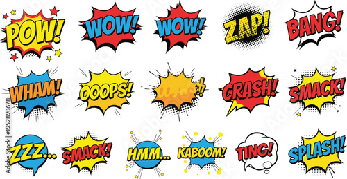 Comic speech bubble sound effects set, pop art explosion shapes, retro comic book text collection, vector cartoon bang pow wow illustration