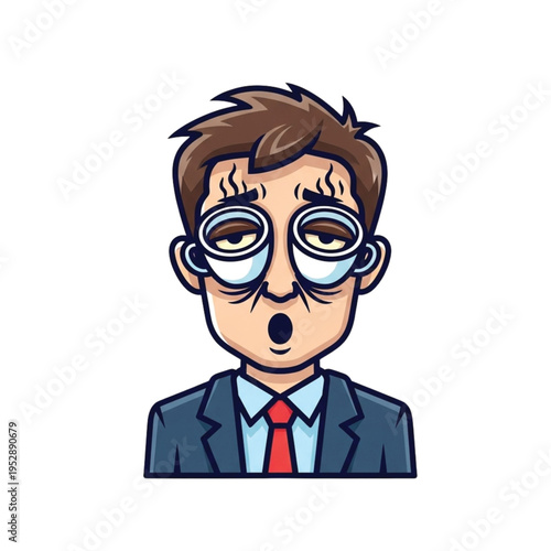 Cartoon of an exhausted businessman with prominent eye bags, depicting severe fatigue, chronic sleep deprivation, and the stress of professional burnout