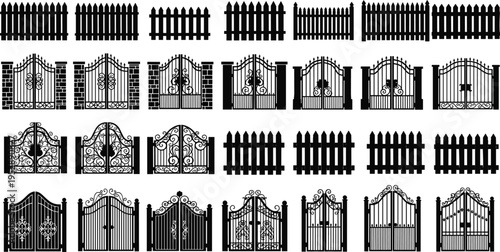 Black silhouette fences and gates vector illustration, decorative boundary design for architecture, landscaping, property entrances, home improvement, and construction projects
