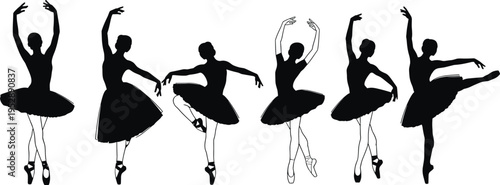 A collection of six elegant black silhouettes featuring professional ballerinas in dance poses isolated on white background