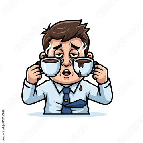 Humorous vector art of an overwhelmed and fatigued professional, using coffee to combat severe exhaustion and burnout, a vivid depiction of modern work stress and caffeine dependence