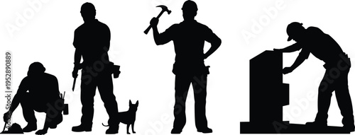 Construction worker silhouettes with hammer, tools and inspection dog, manual labor people at work icons set, black vector illustration isolated on white background