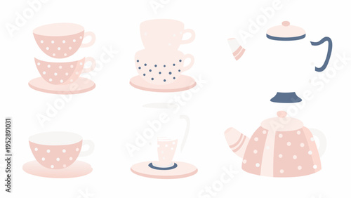 A collection of pastel pink and white patterned teaware and coffee cups