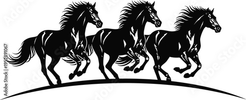 A dynamic artistic illustration of three majestic black horses galloping together in a line design isolated on white background