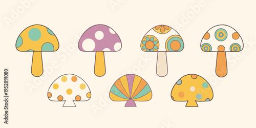 Colorful patterned mushrooms in a whimsical illustrative style