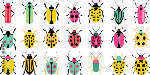 A colorful collection of various stylized beetle illustrations on white
