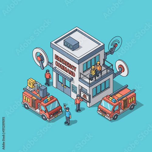 Isometric illustration of an emergency command center with fire trucks and personnel.