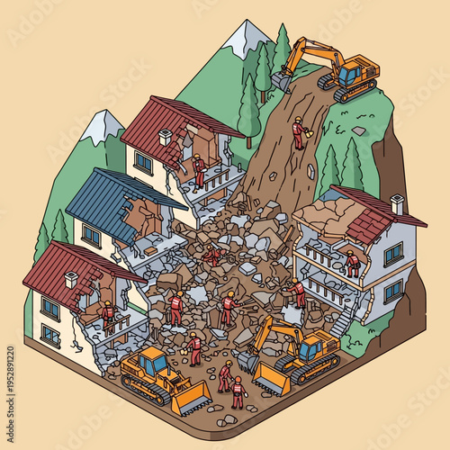 Illustration depicting a landslide destroying houses, with rescue workers and heavy machinery.