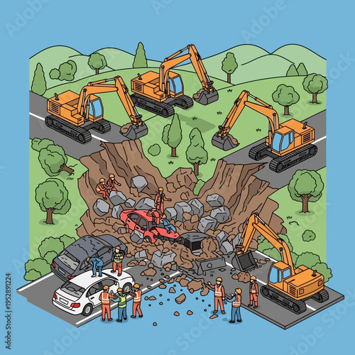 Road collapse scene with excavators, cars, and people, depicting a construction disaster.
