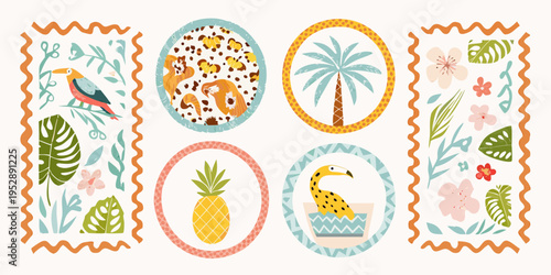 Tropical illustrations featuring toucans pineapples palm trees and floral designs