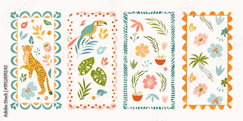 Four decorative bookmark designs featuring animals and botanical illustrations