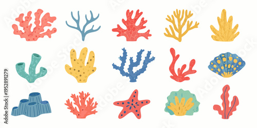Colorful coral reef illustration with various shapes and a starfish