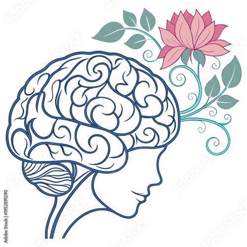 A woman's head with a brain and a pink lotus flower