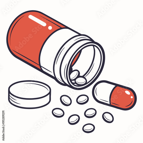 Red and white pill bottle with pills spilling out
