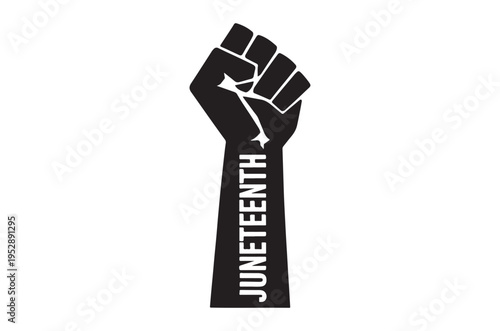A raised fist with the word juneteenth vertically displayed on the arm