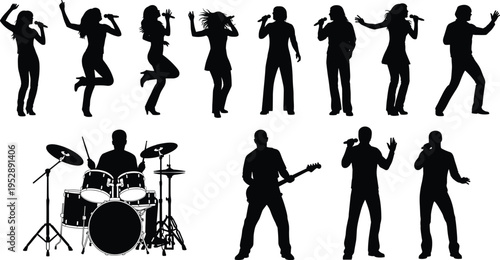 A collection of black silhouettes featuring various musical performers like singers and drummers isolated on white background