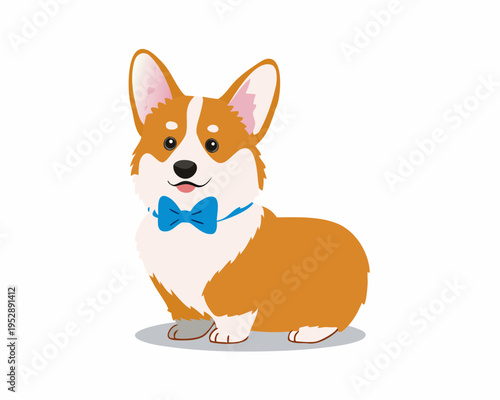 Charming corgi puppy with a blue bow tie sits cheerfully