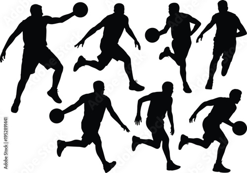 Basketball athlete silhouettes collection, dribbling and running action poses isolated on white background, professional sports flat vector illustration