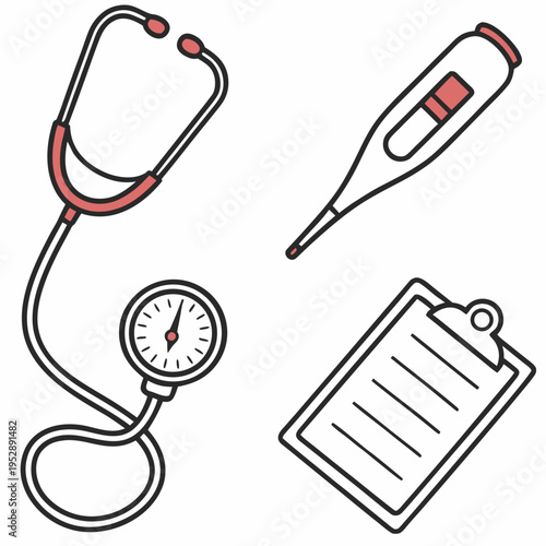 Medical tools including stethoscope and thermometer