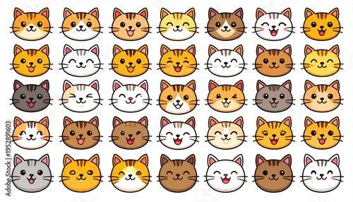 A collection of colorful and cute cartoon cat faces arranged in a grid for design and decoration Vector