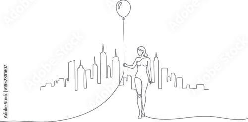 A lone figure holding a balloon amidst a stylized city skyline silhouette