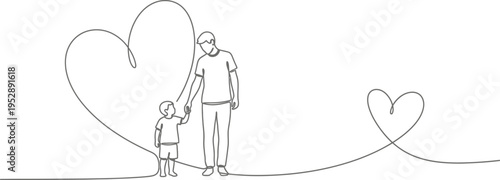 Heartwarming depiction of an adult and child holding hands with hearts around them