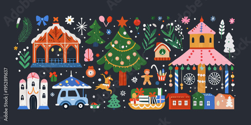 Festive illustration depicting colorful buildings a christmas tree and winter decor