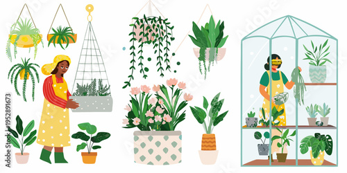 A woman tending to various potted plants and a small greenhouse scene