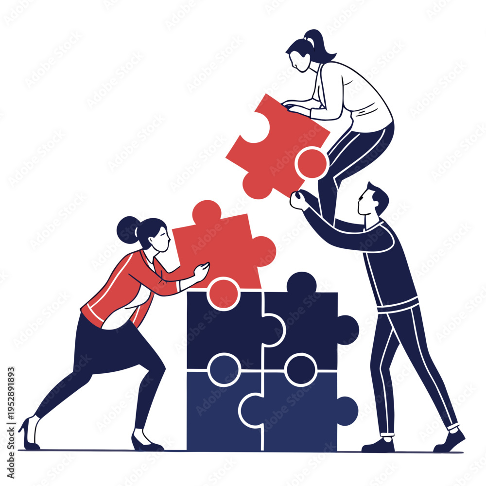 Fototapeta premium Three people working together to build a puzzle