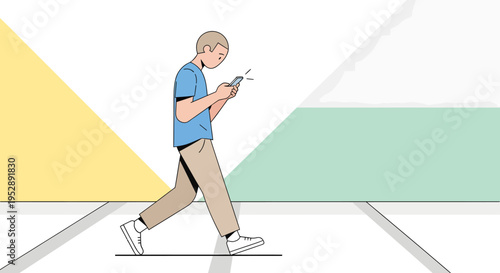Young man walking while using smartphone distracted by mobile phone illustration