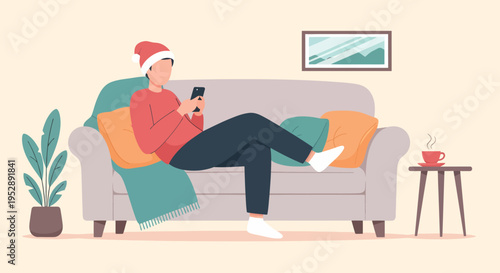 Man in Santa Hat Relaxing on Sofa Using Smartphone at Home Christmas Illustration