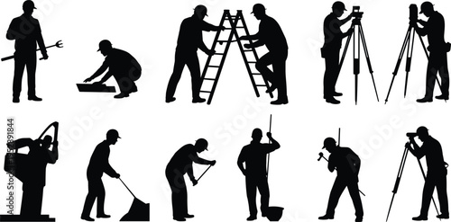 Construction workers and surveyor silhouettes with ladder teamwork, tripod measurement and tools, engineering and manual labor people at work vector illustration isolated