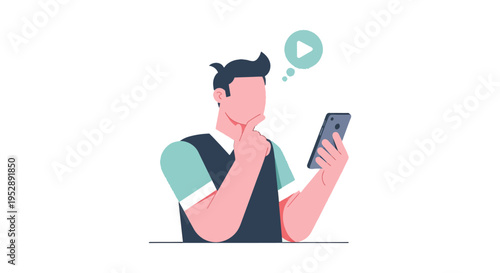 Man Thinking While Looking at Smartphone Screen with Video Play Icon Thought Bubble, Flat Vector Illustration Concept for Digital Content Consumption, Social Media Marketing, and Online Streaming.
