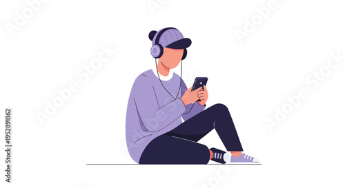 Man Sitting and Listening to Music with Headphones and Smartphone Flat Vector Illustration