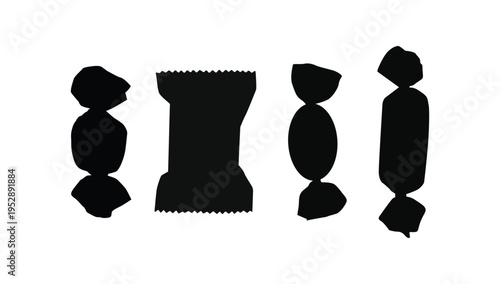 Collection of black candy silhouettes including sweets wrappers confectionery shapes perfect for dessert branding packaging decoration and festive digital design elements