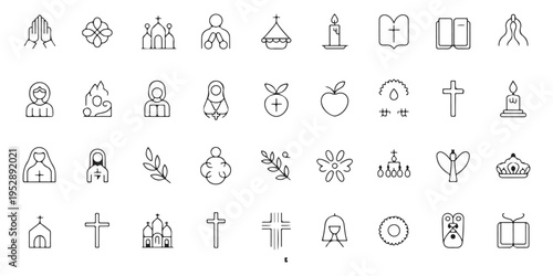Christian Religious Icons Set with Cross, Church, Bible, and Praying Hands