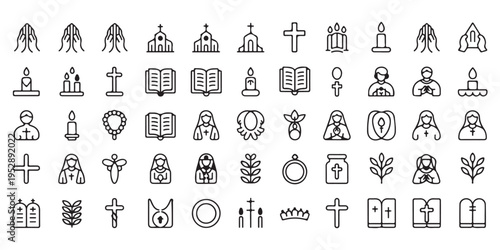 Comprehensive Set of Christian Faith Icons Featuring Priests, Nuns, and Sacred Symbols