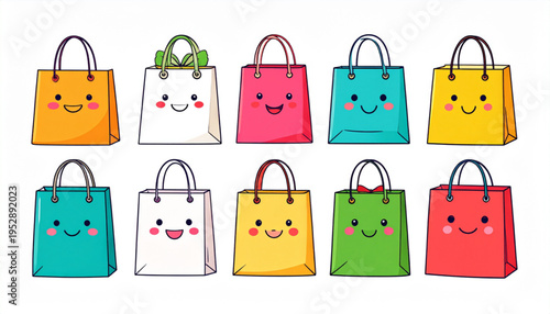 A collection of ten colorful shopping bags featuring various cute happy facial expressions on them Vector