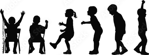 Black silhouette of several children playing jumping and sitting on chairs in a school classroom representing early education and childhood