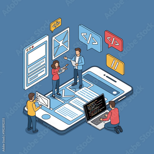Isometric illustration depicting a team of developers working on a mobile application design.