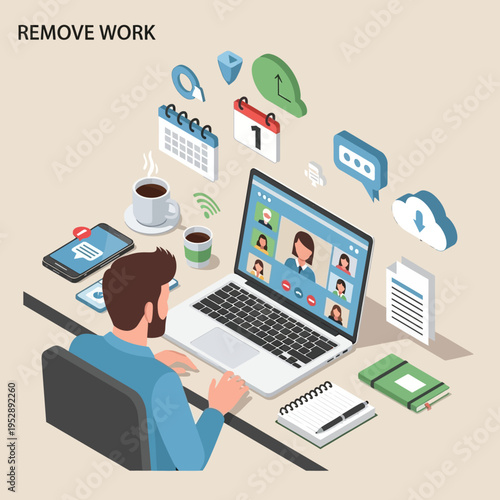 A person working remotely on a laptop, attending a video conference call.