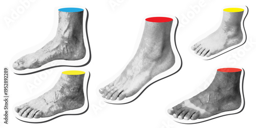 Set of pop art surreal halftone feet and legs with vibrant color ankle cross-sections on isolated. Halftone Human foot collection.