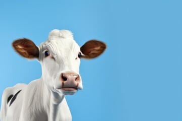 A close-up photograph of a cow on a blue background. This image can be used for various purposes, such as farm-related articles, veterinary websites, or animal-themed designs